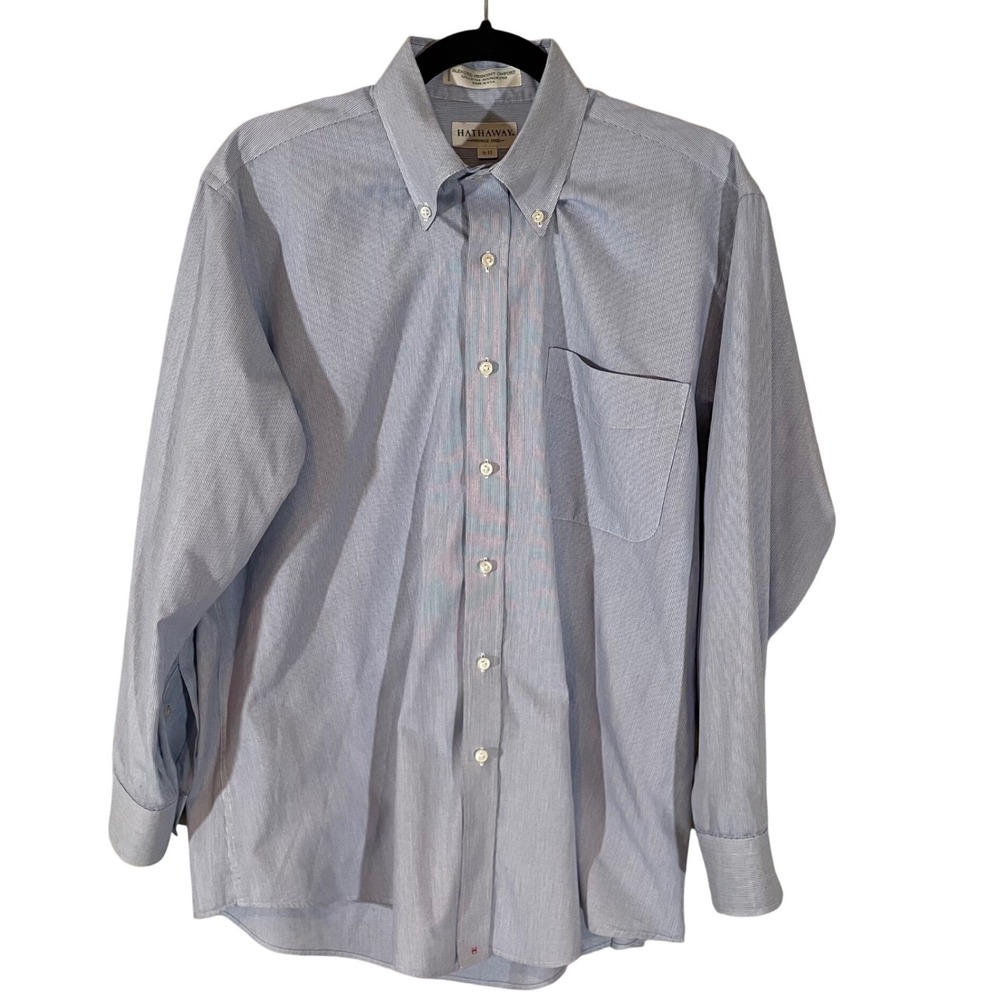 Hathaway Mens Blue White Striped Pinpoint Oxford Shirt‎ Wrinkle Free 16-33 USA